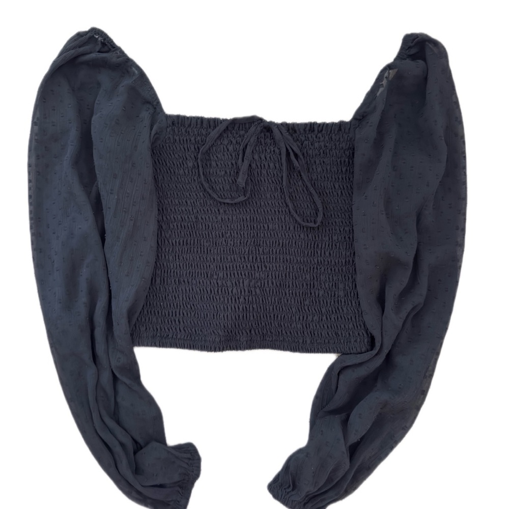 Smocked Black Puff-Sleeve Crop Top